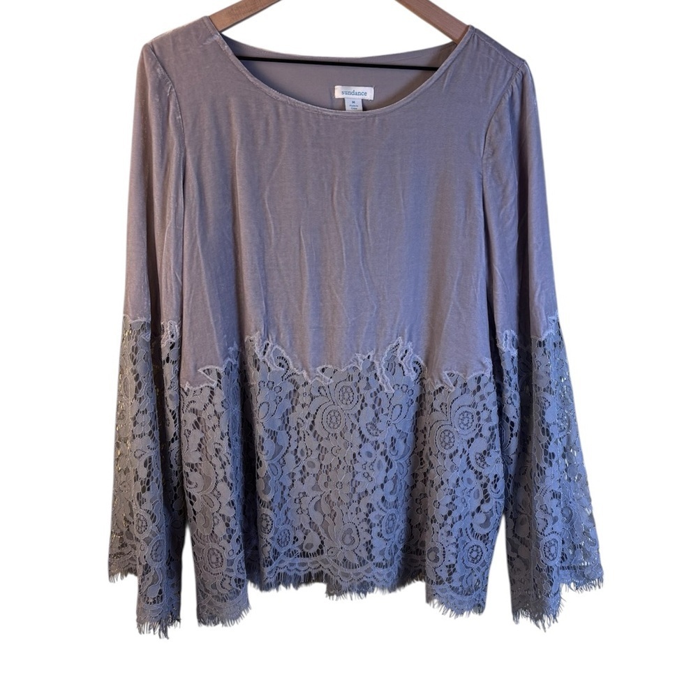 Sundance Silk Blend Crushed Velvet Lace Trim Gray Blouse Size Medium
